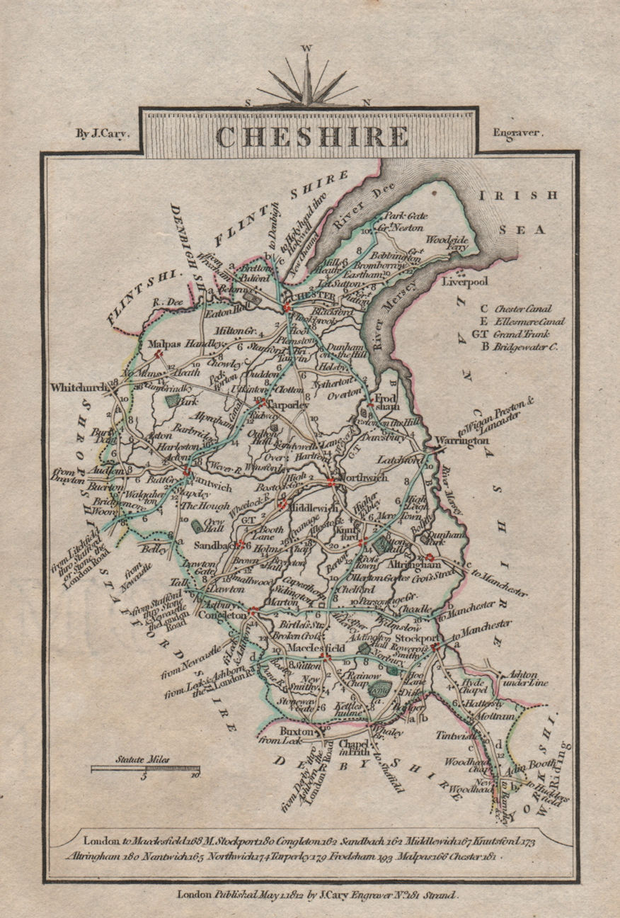 CHESHIRE by John CARY. Miniature antique county map. Original colour 1812