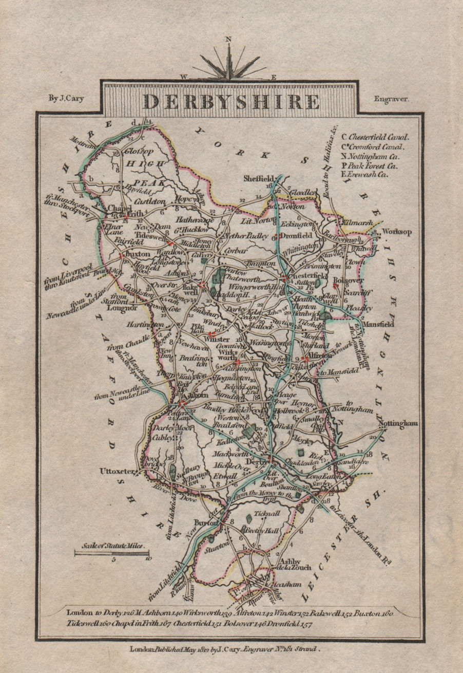 Associate Product DERBYSHIRE by John CARY. Miniature antique county map. Original colour 1812
