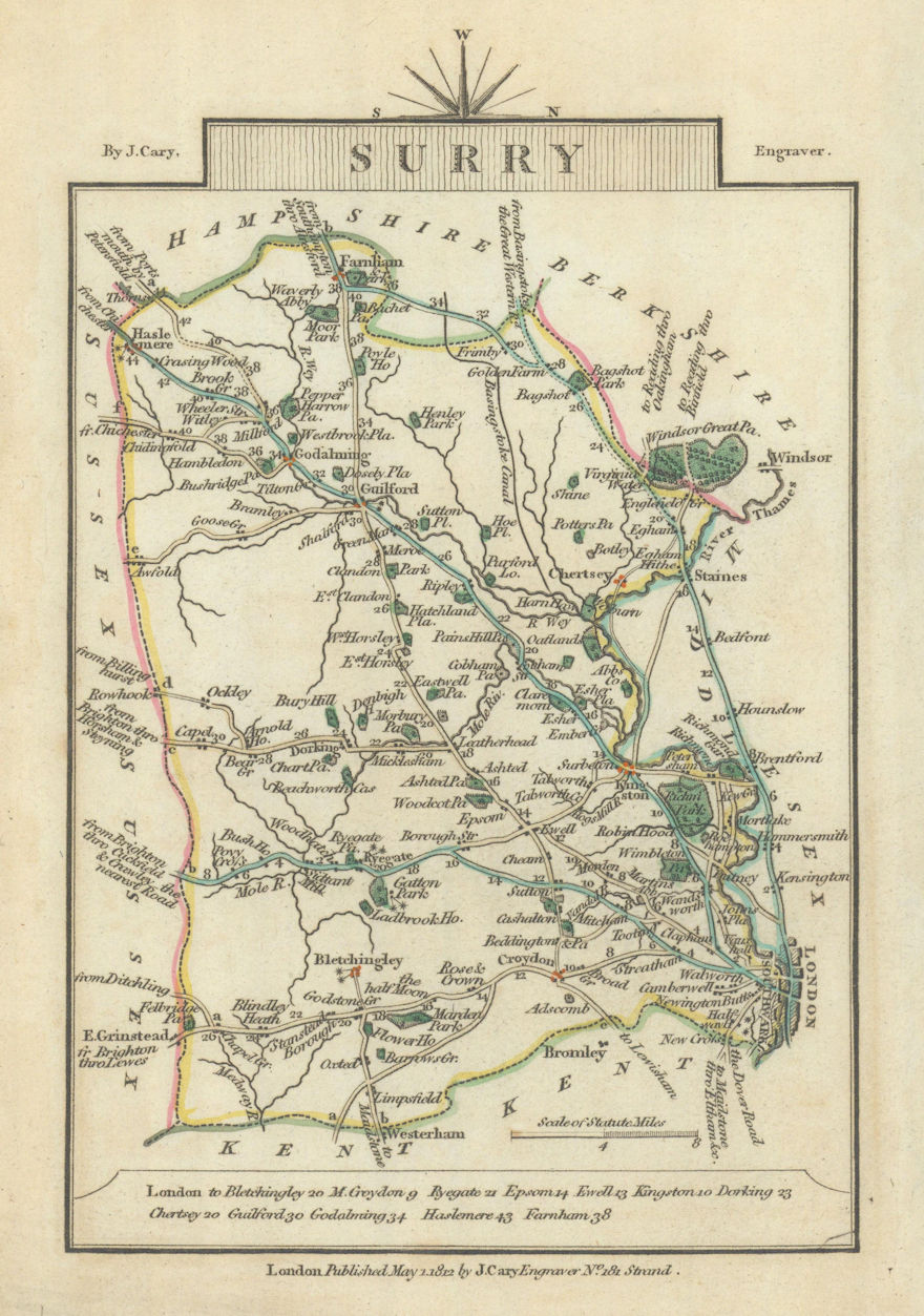 SURREY by John CARY. Miniature antique county map. Original colour 1812