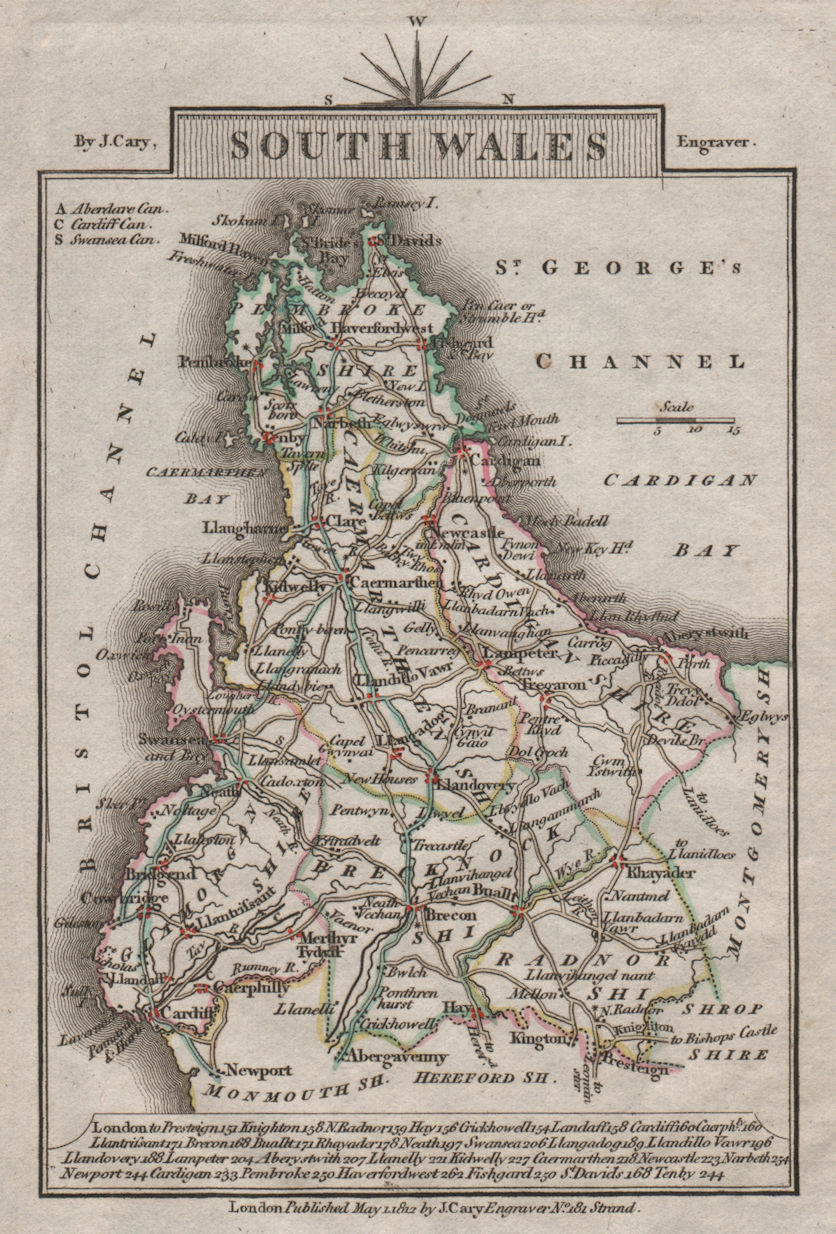 Associate Product SOUTH WALES by John CARY. Miniature antique map. Original colour 1812 old