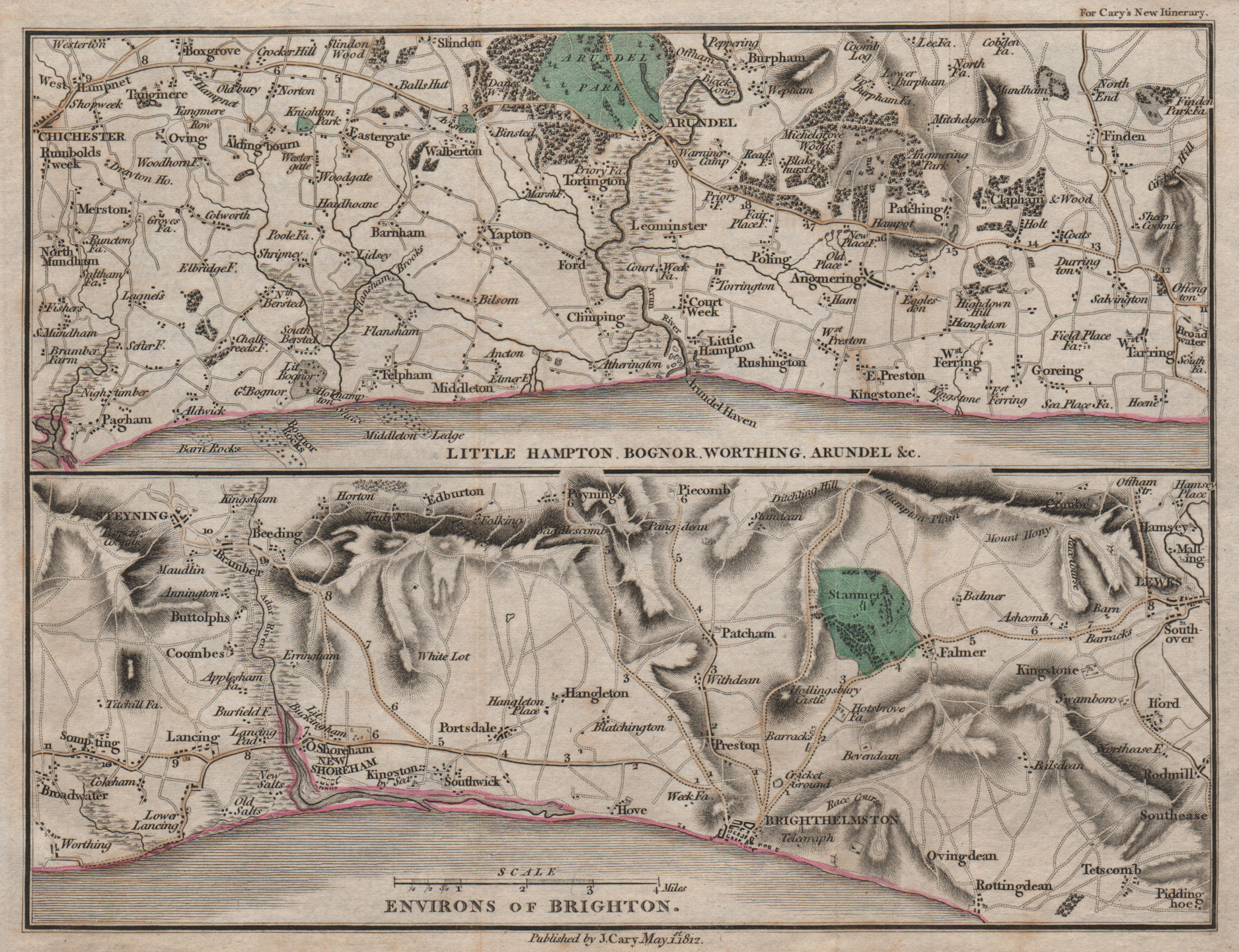SUSSEX COAST by John CARY. Brighton Bognor Worthing Arundel Shoreham 1812 map