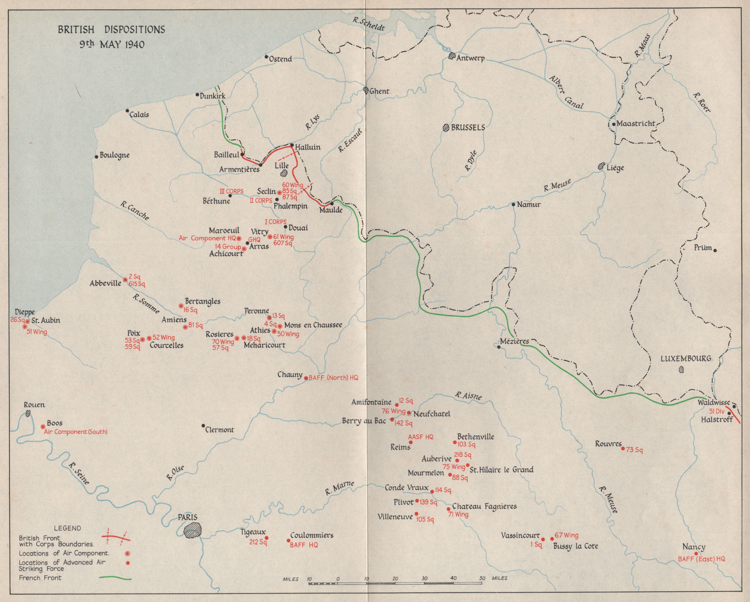 Associate Product FALL OF FRANCE. British troop dispositions 9th May 1940. French front 1953 map