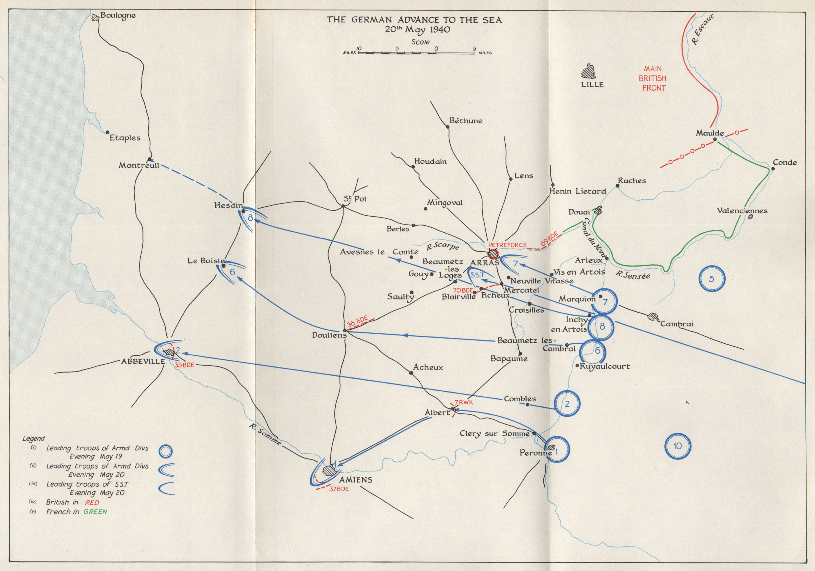 Associate Product FALL OF FRANCE 1940. German advance to the sea 20 May. Arras Abbeville 1953 map