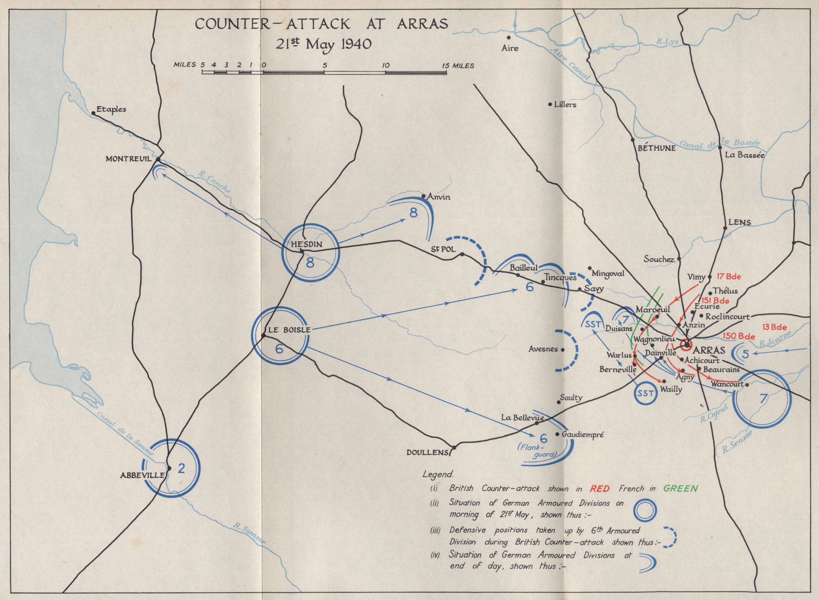 FALL OF FRANCE 1940. Counter attack at Arras 21 May. Troop positions 1953 map