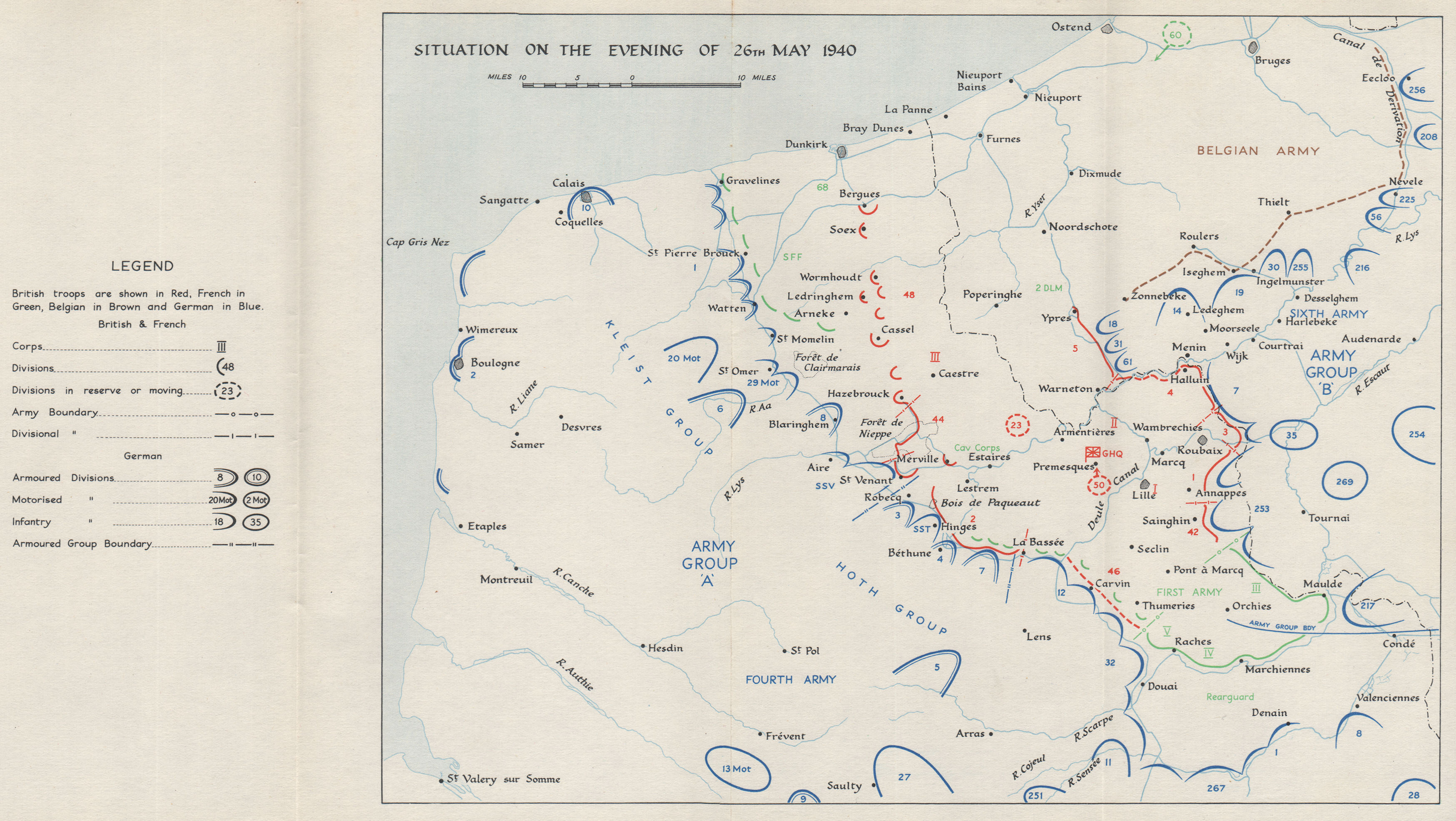 DUNKIRK EVACUATION. 26 May 1940 troop positions. Operation Dynamo. HMSO 1953 map