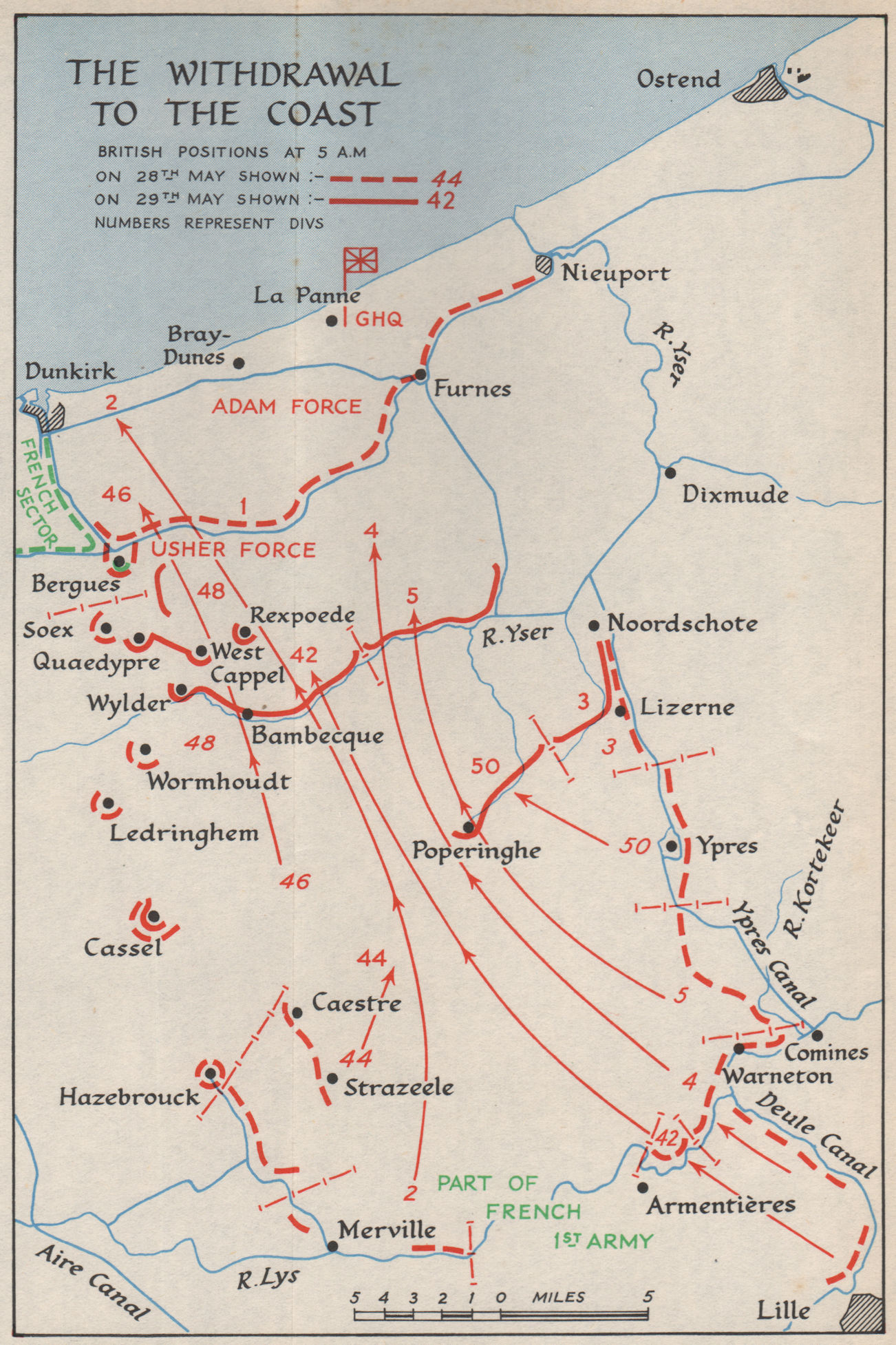 DUNKIRK EVACUATION. 28-29 May 1940 troop positions. Operation Dynamo 1953 map