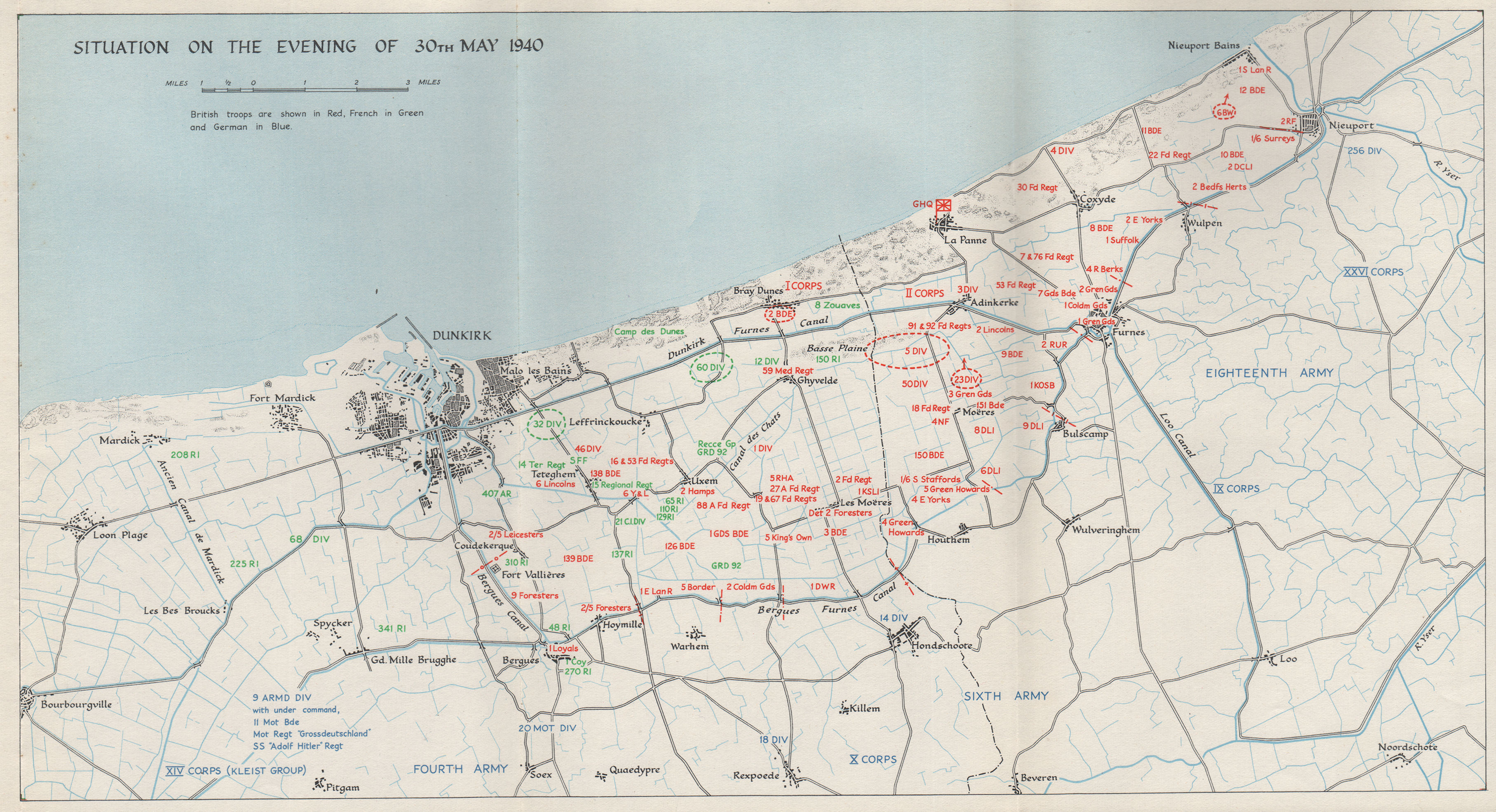 DUNKIRK EVACUATION. 30 May 1940 troop positions. Operation Dynamo. HMSO 1953 map