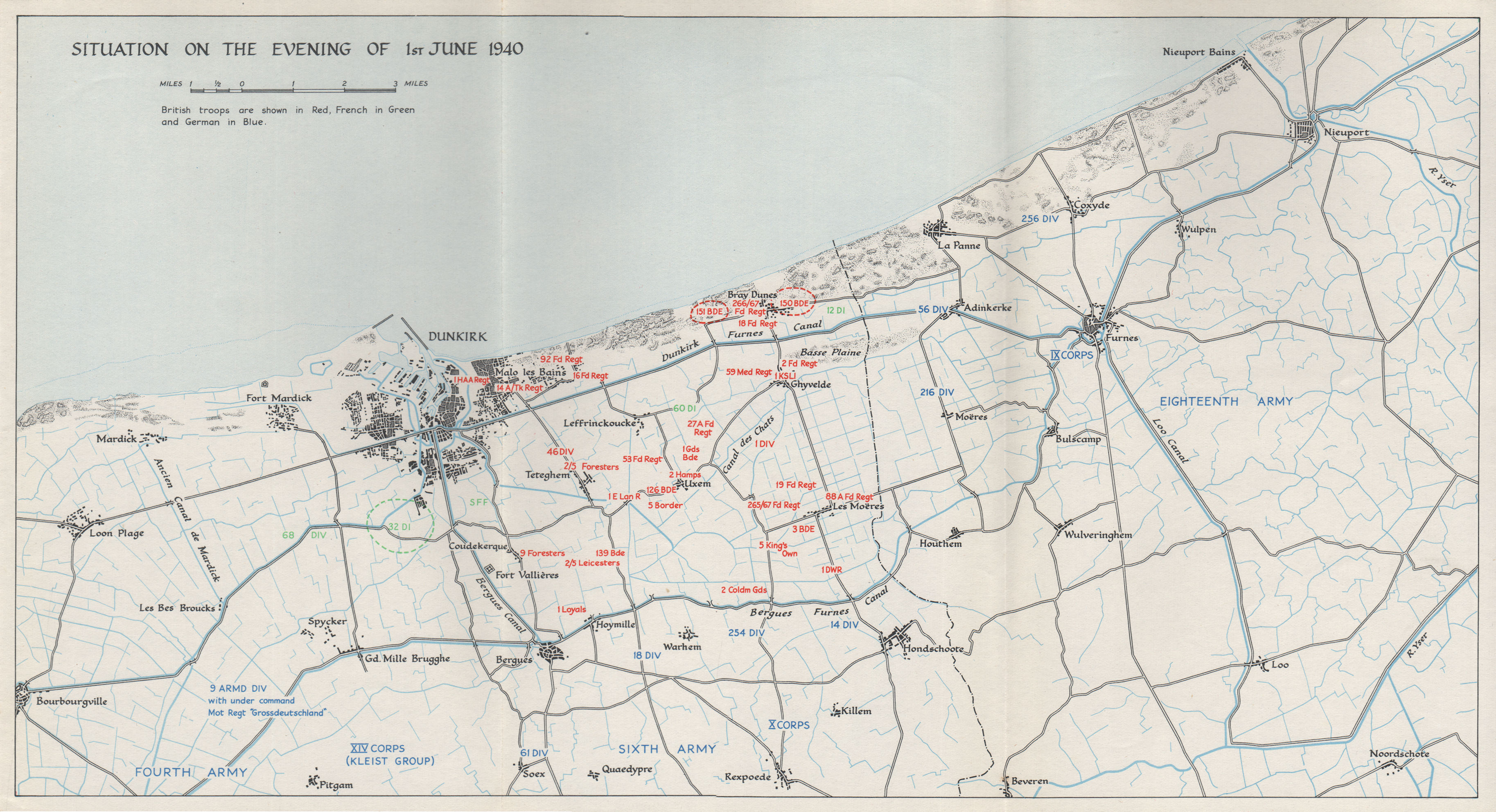 DUNKIRK EVACUATION. 1 June 1940 troop positions. Operation Dynamo. HMSO 1953 map