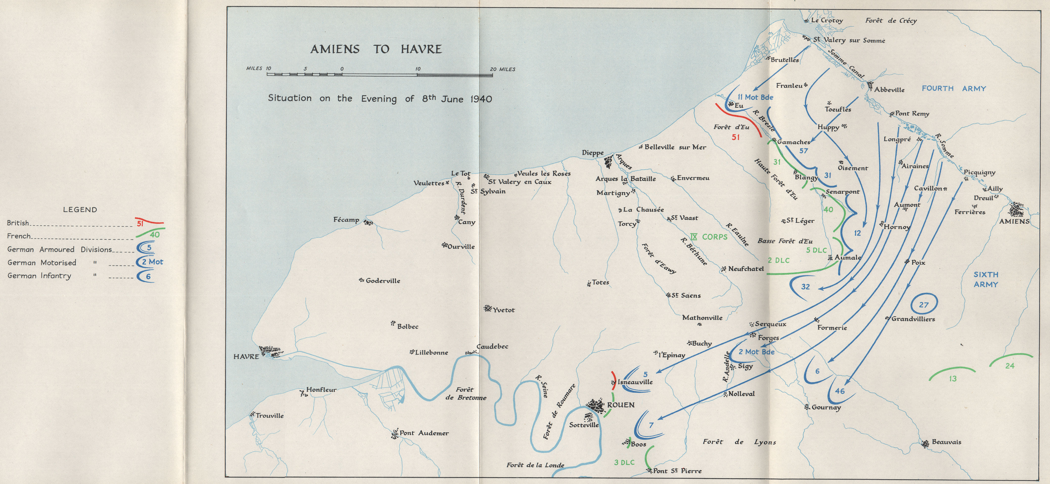 Associate Product FALL OF FRANCE 1940. Amiens Le Havre Dieppe. 8th June troop positions 1953 map