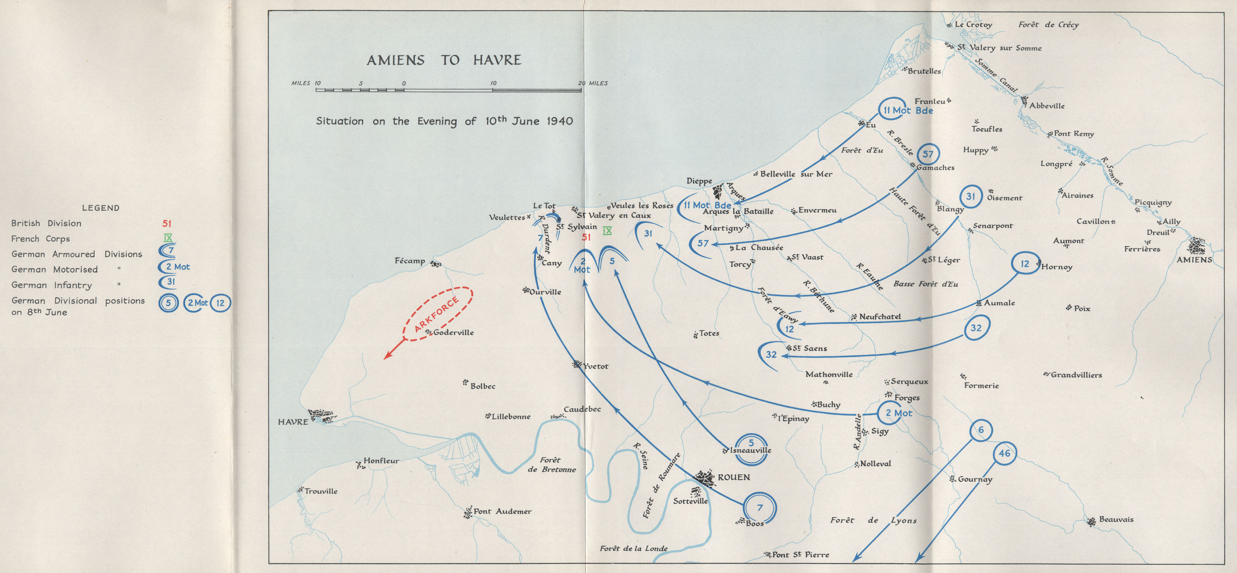 Associate Product FALL OF FRANCE 1940. Amiens Le Havre Dieppe. 10th June troop positions 1953 map