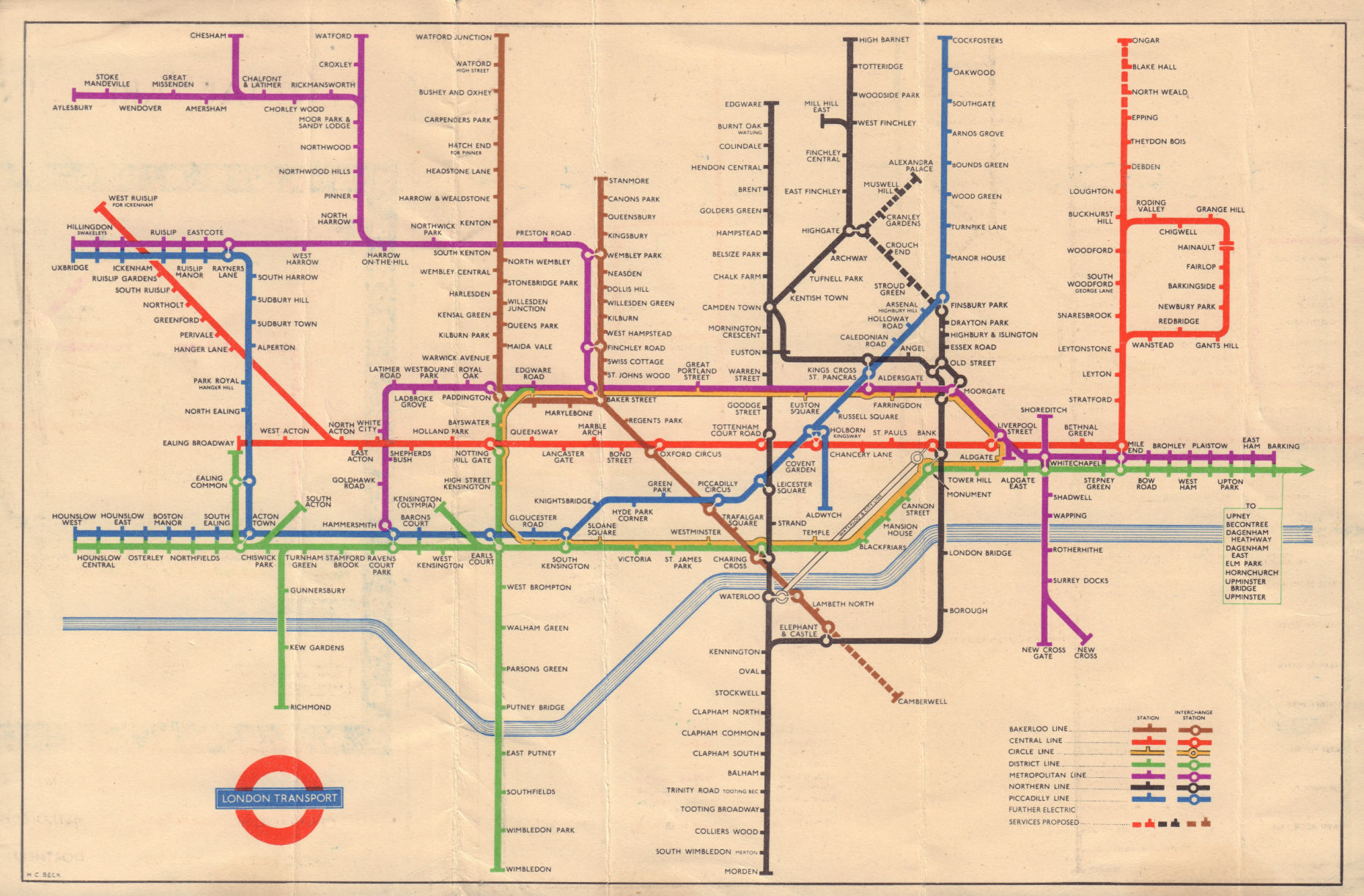 Associate Product LONDON UNDERGROUND TUBE planned Bakerloo/Northern line extensions. BECK 1950 map