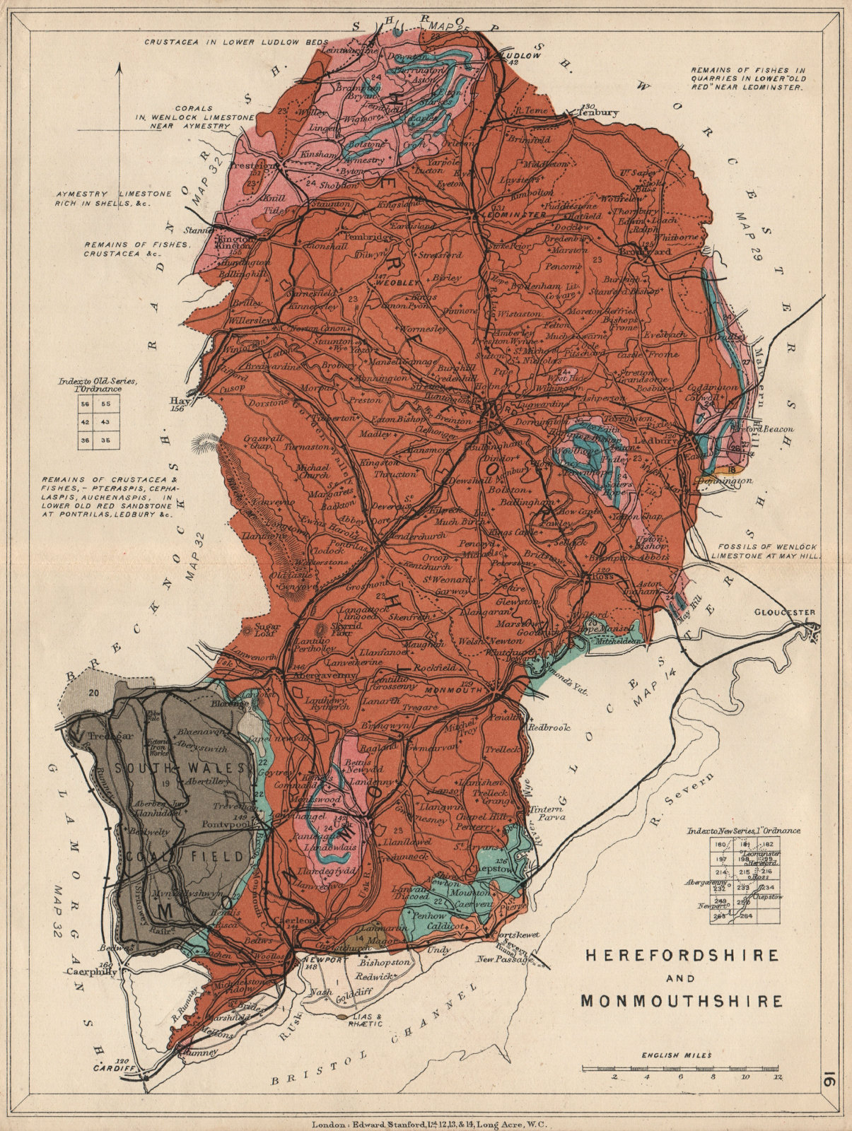 Associate Product HEREFORDSHIRE AND MONMOUTHSHIRE Geological map. STANFORD 1913 old antique