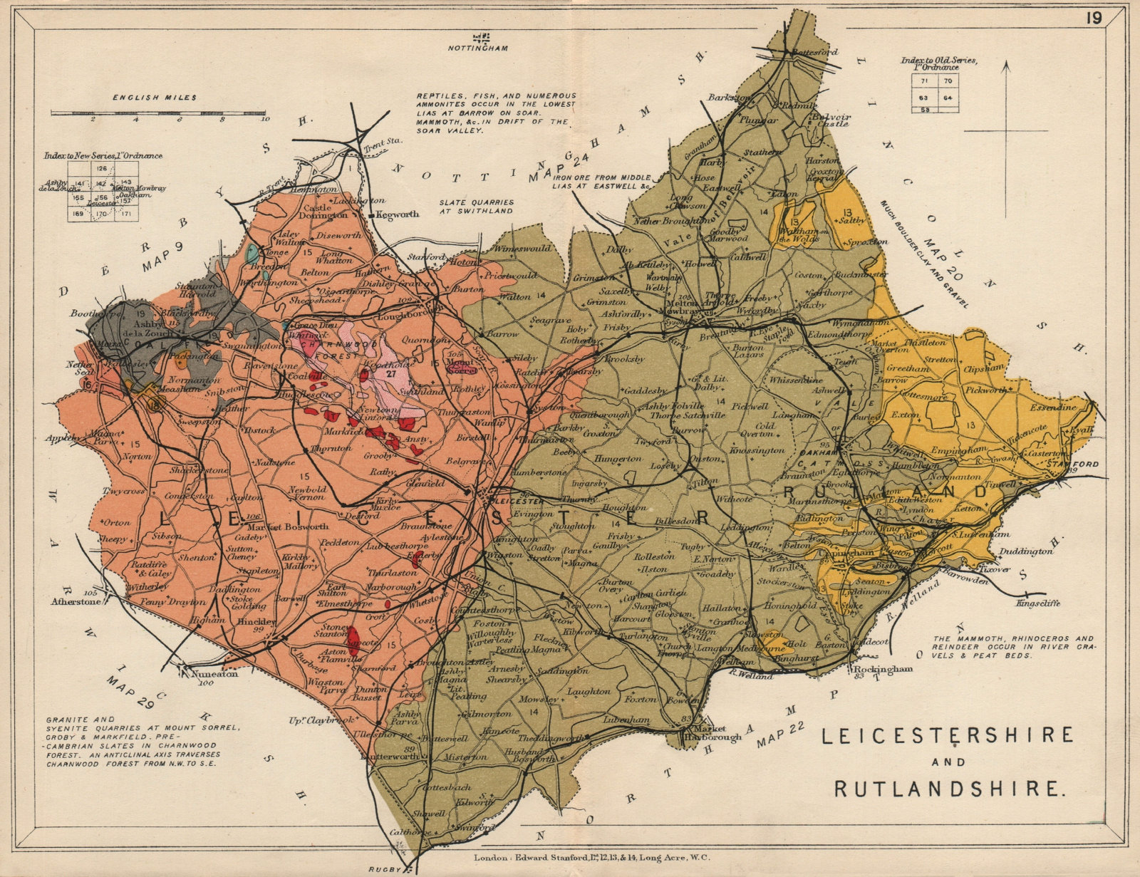 Associate Product LEICESTERSHIRE AND RUTLANDSHIRE Geological map. STANFORD 1913 old antique
