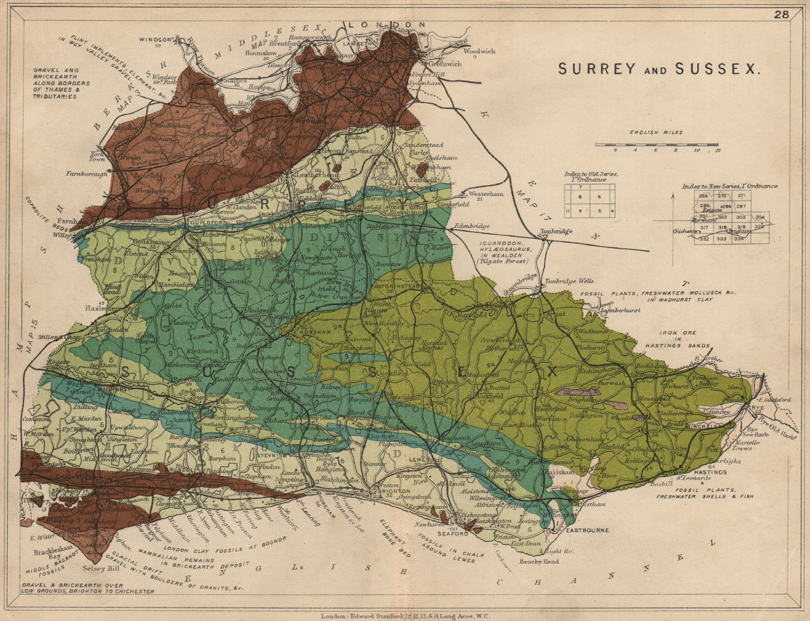 SURREY AND SUSSEX Geological map. STANFORD 1913 old antique plan chart