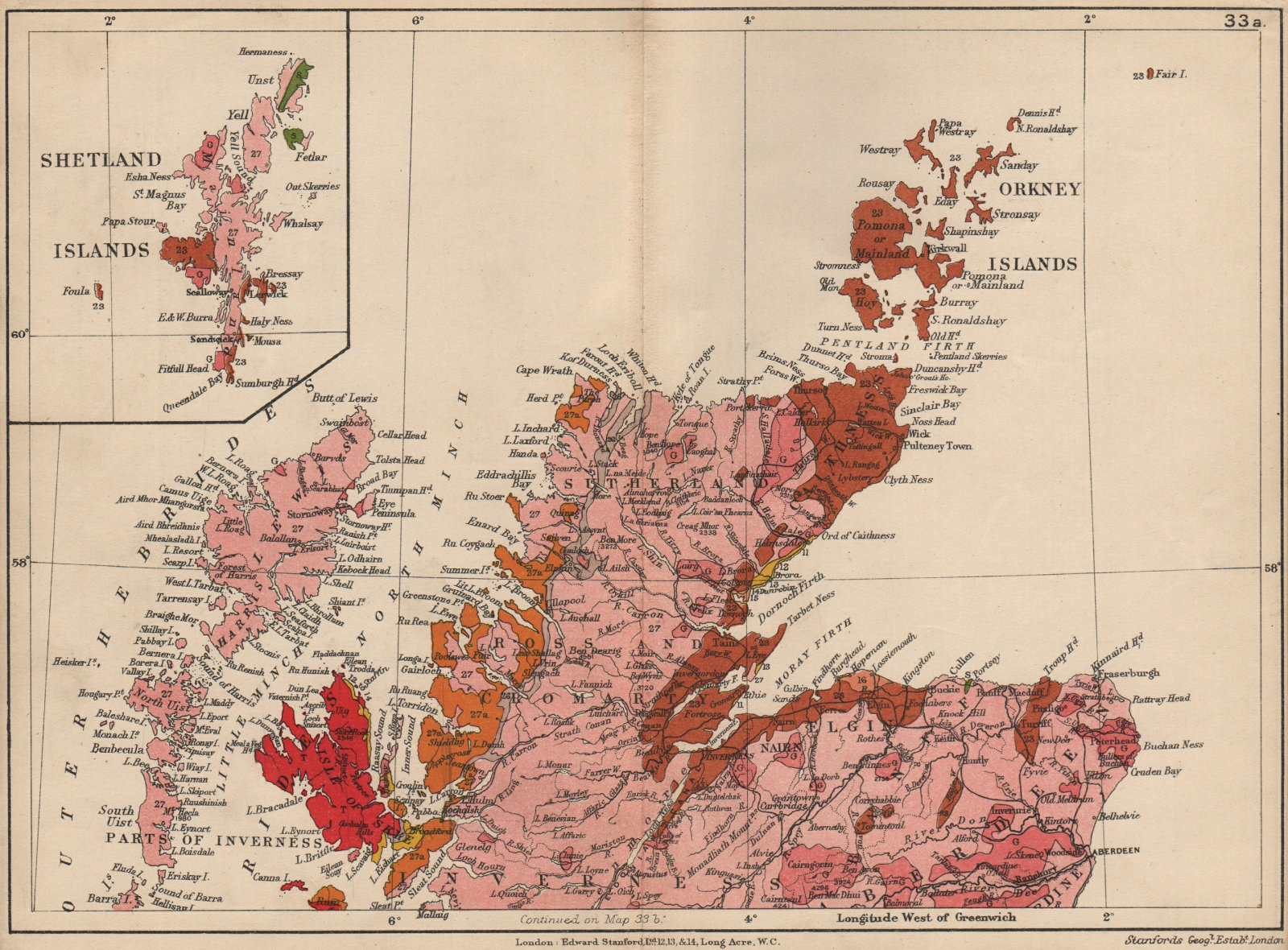 NORTH SCOTLAND Orkneys; Inset Shetlands. Geological. STANFORD 1913 old map