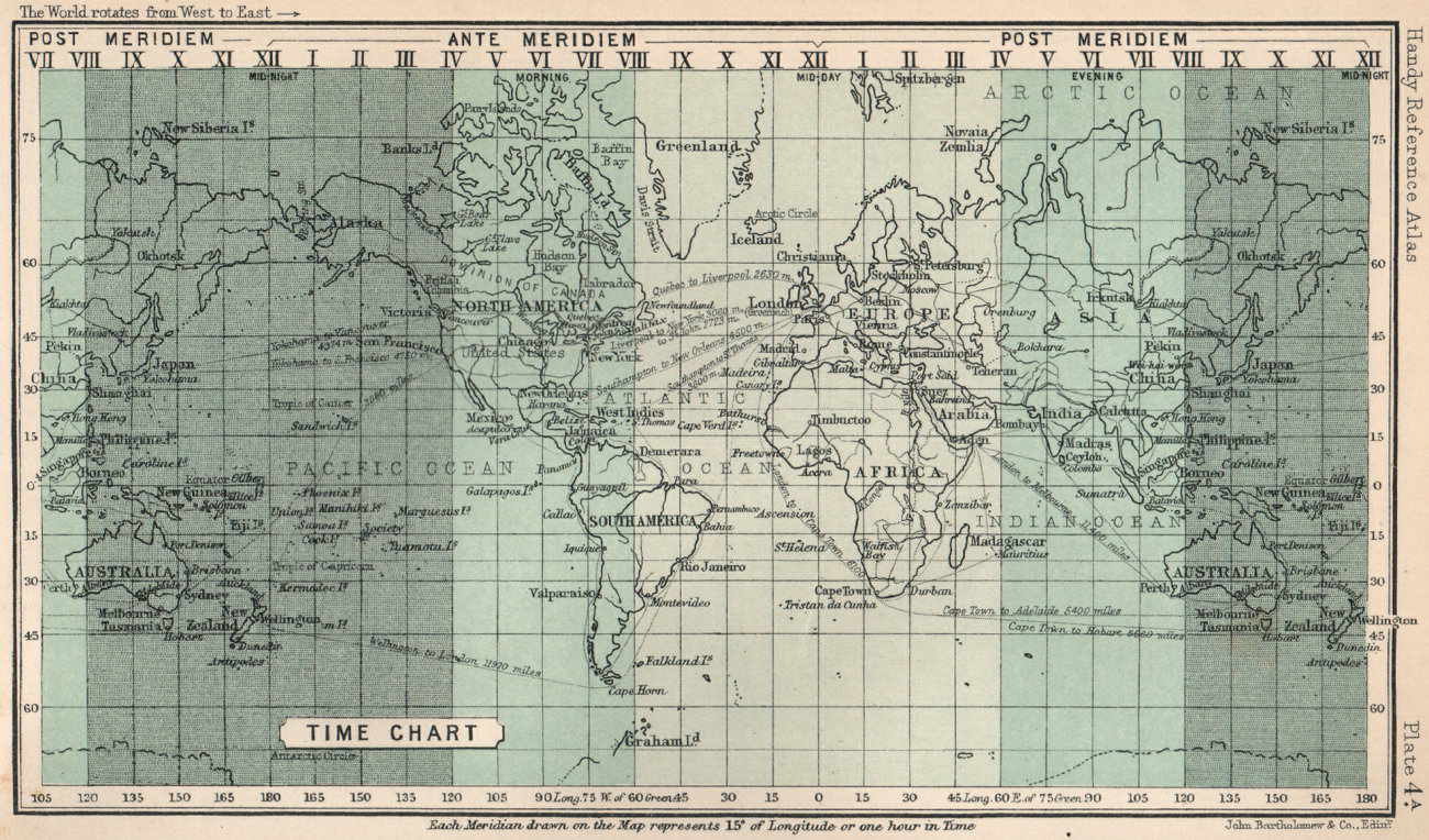 World Time Chart. BARTHOLOMEW 1904 old antique vintage map plan