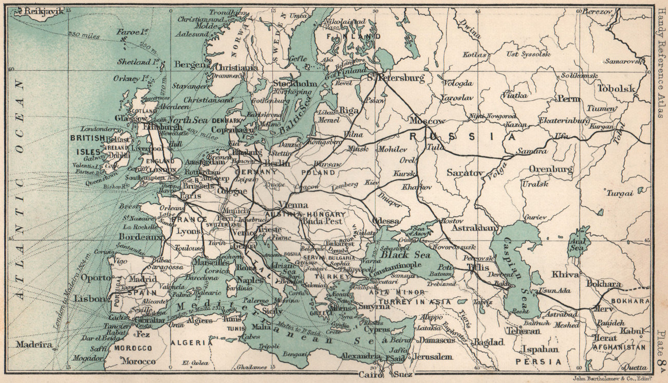 Associate Product Europe major railways. BARTHOLOMEW 1904 old antique vintage map plan chart