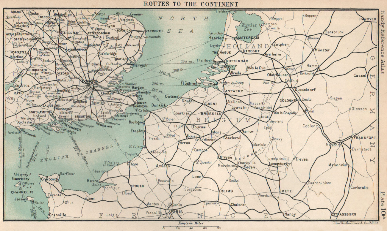 Associate Product Rail routes to the Continent. English Channel. UK. BARTHOLOMEW 1904 old map
