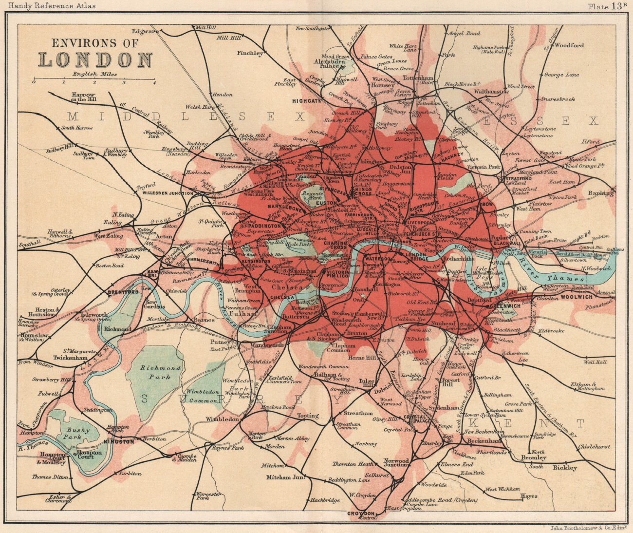 Greater London railways. BARTHOLOMEW 1904 old antique vintage map plan chart