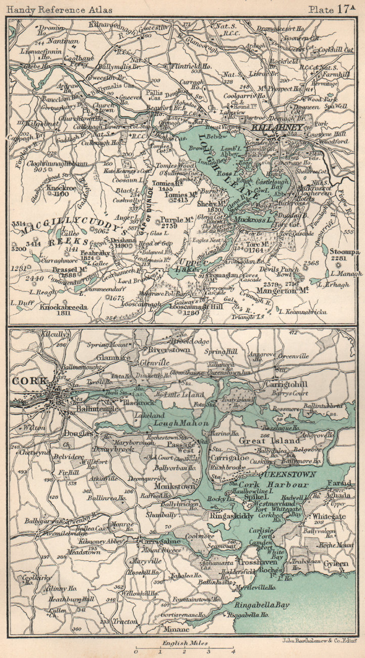 Associate Product Lakes of Killarney & Cork harbour. Ireland. BARTHOLOMEW 1904 old antique map