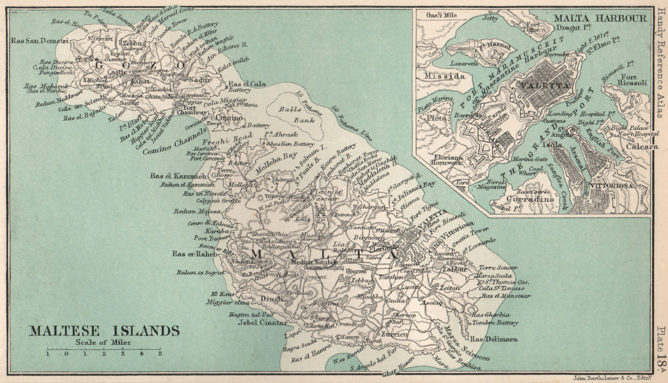 Maltese Islands. Valletta. Malta & Gozo. BARTHOLOMEW 1904 old antique map