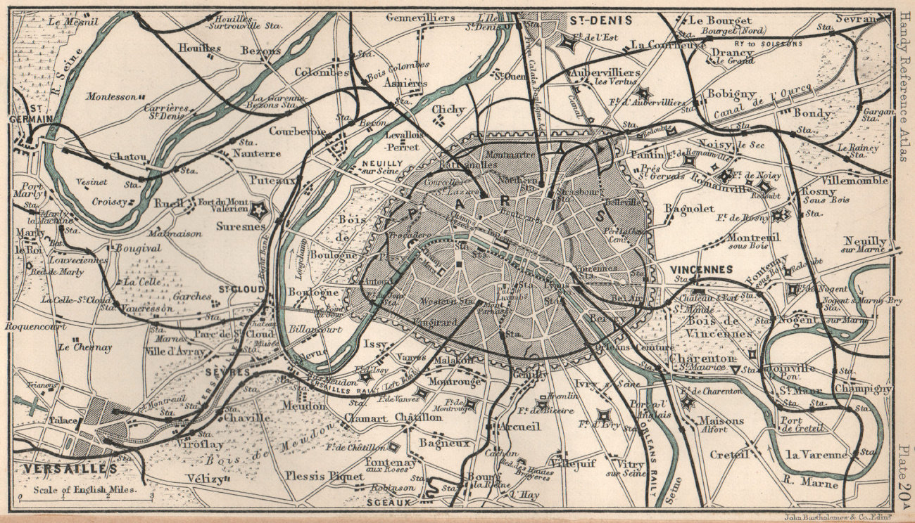 Environs of Paris showing railways. France. BARTHOLOMEW 1904 old antique map
