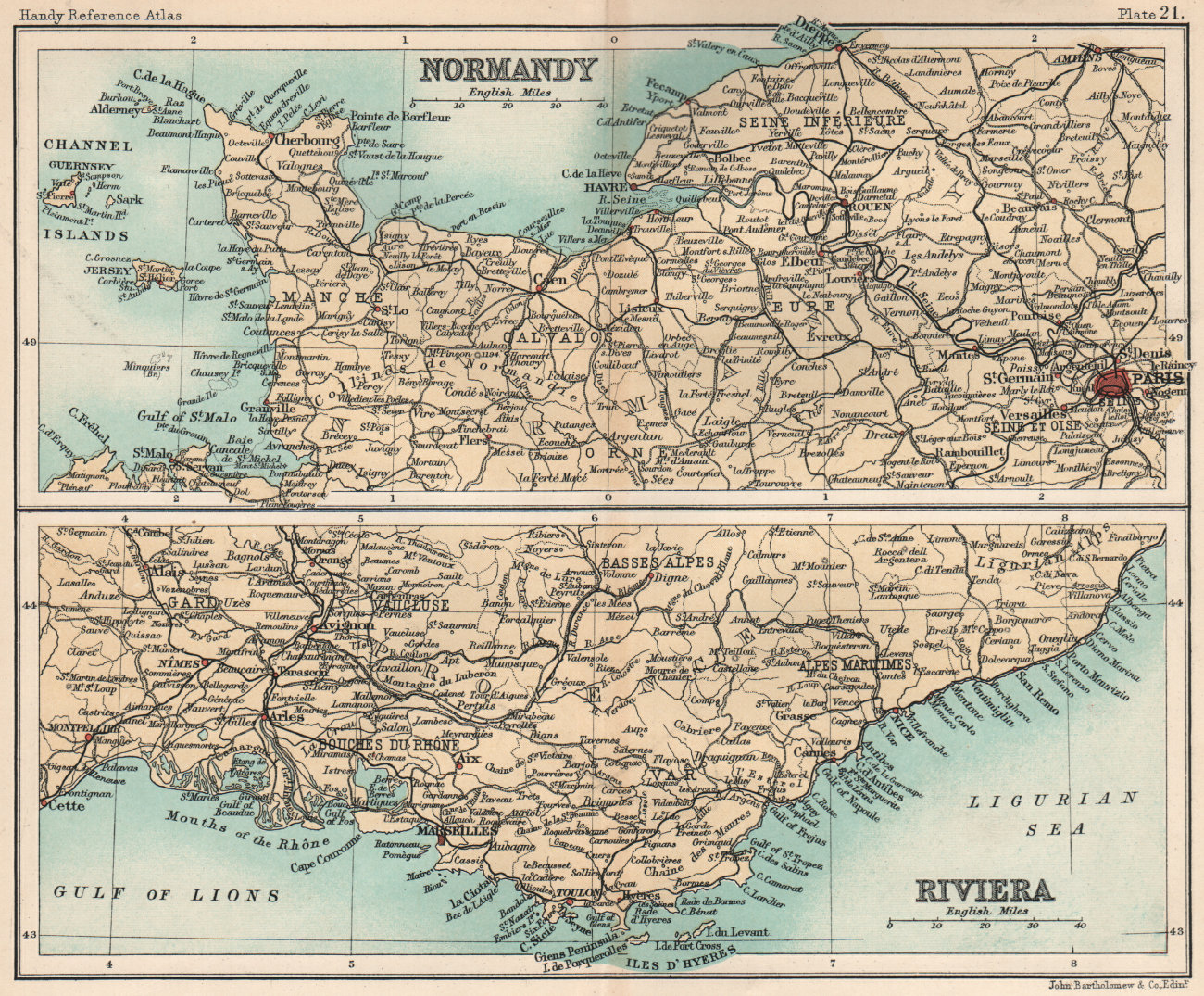 Associate Product Normandy & the Riviera. Côte d'Azur. France. BARTHOLOMEW 1904 old antique map