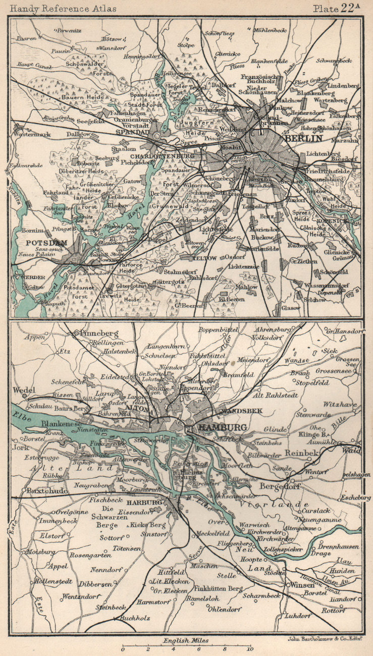 Environs of Berlin & Hamburg. Germany. BARTHOLOMEW 1904 old antique map chart