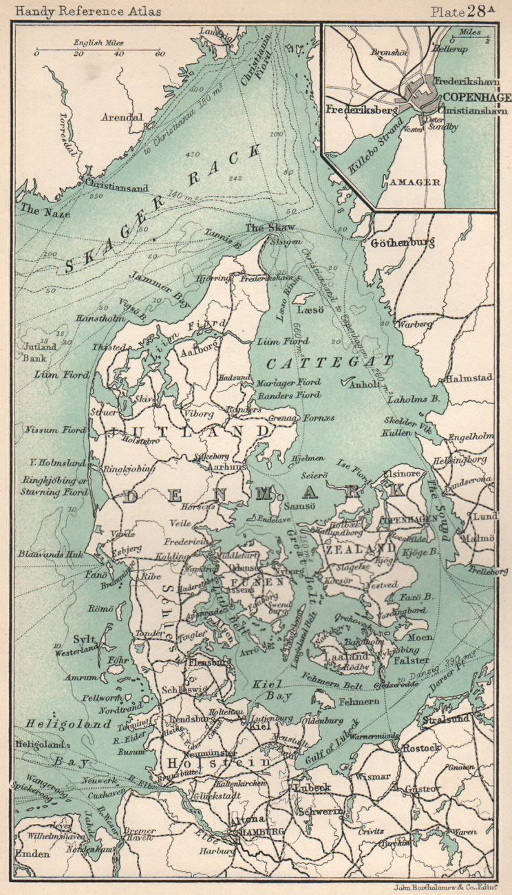 Associate Product Denmark. Inset Copenhagen. BARTHOLOMEW 1904 old antique vintage map plan chart