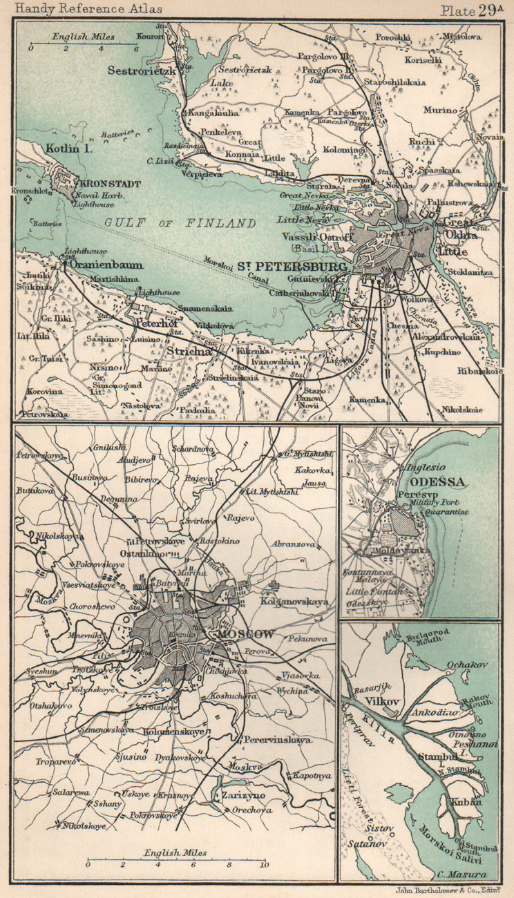 Environs of St Petersburg, Moscow & Odessa. Russia. BARTHOLOMEW 1904 old map