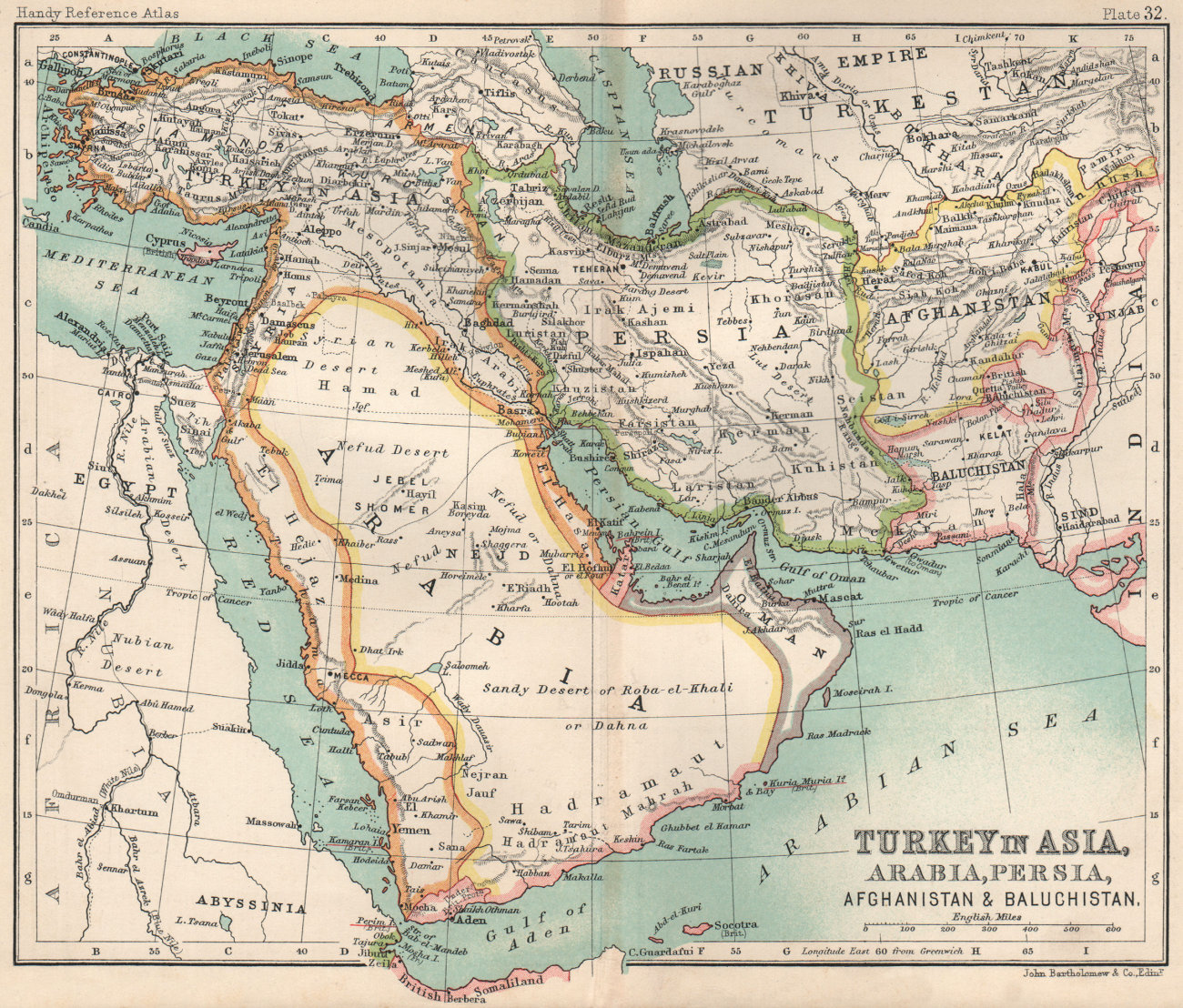 Middle East. Turkey in Asia Arabia Persia Afghanistan Sharjah 1904 old map