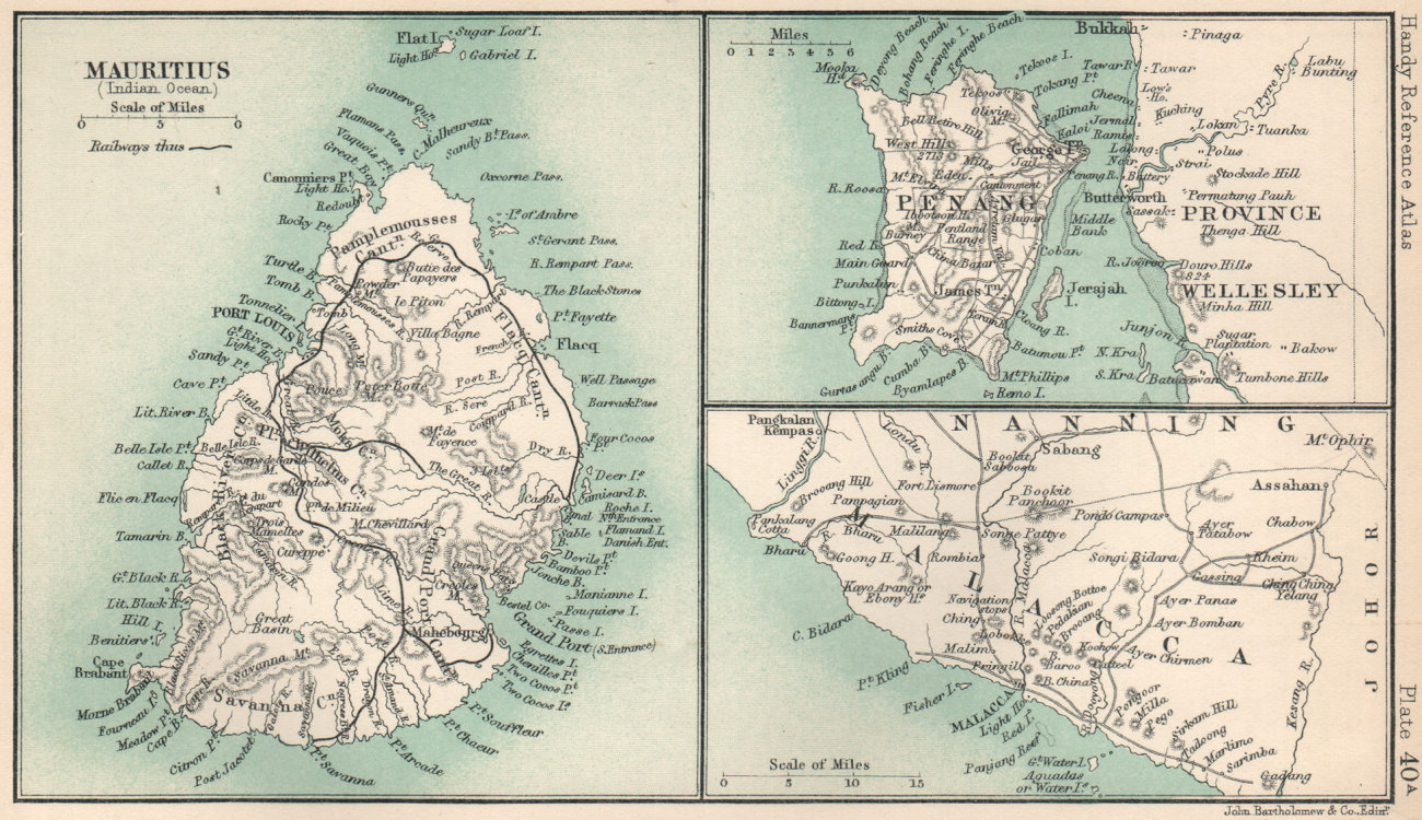 Mauritius, Penang & Malacca. BARTHOLOMEW 1904 old antique map plan chart