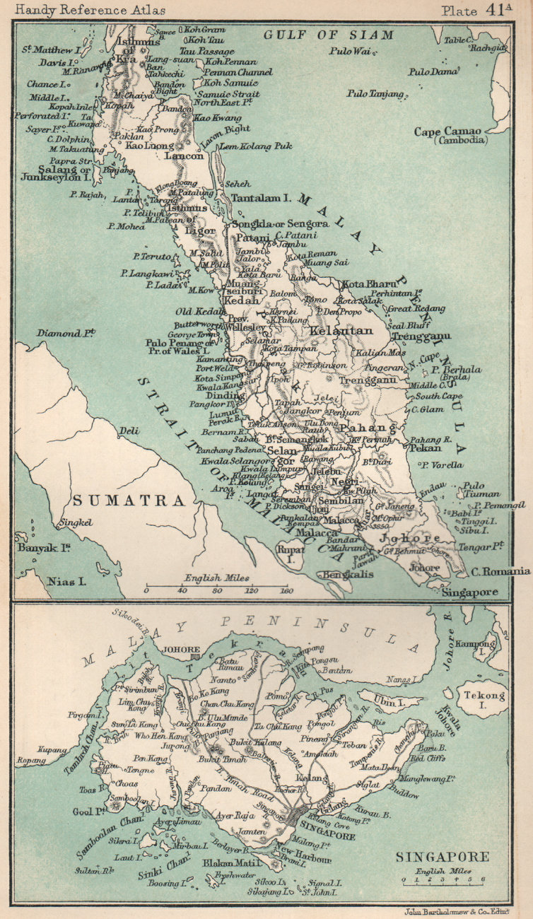 Malay Peninsula & Singapore island. Malaysia. BARTHOLOMEW 1904 old antique map