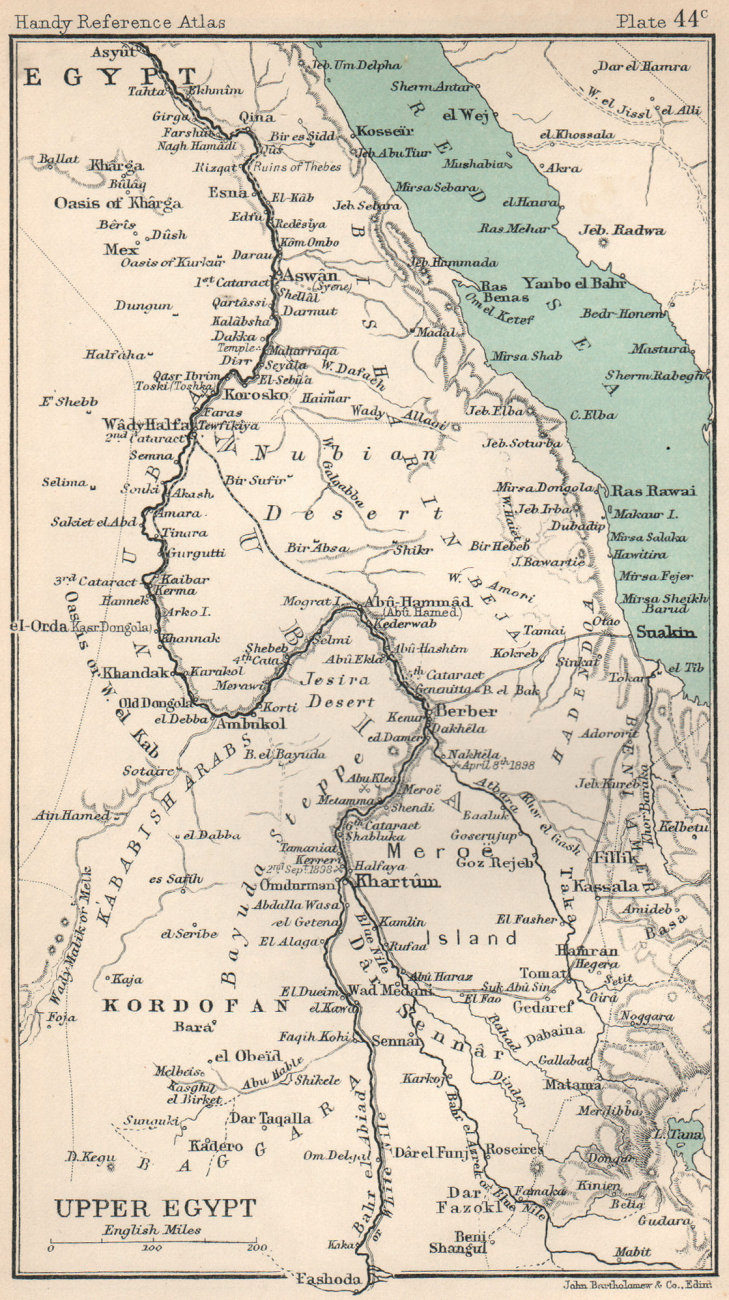 Upper Egypt. Nile Valley. Sudan. Red Sea. BARTHOLOMEW 1904 old antique map