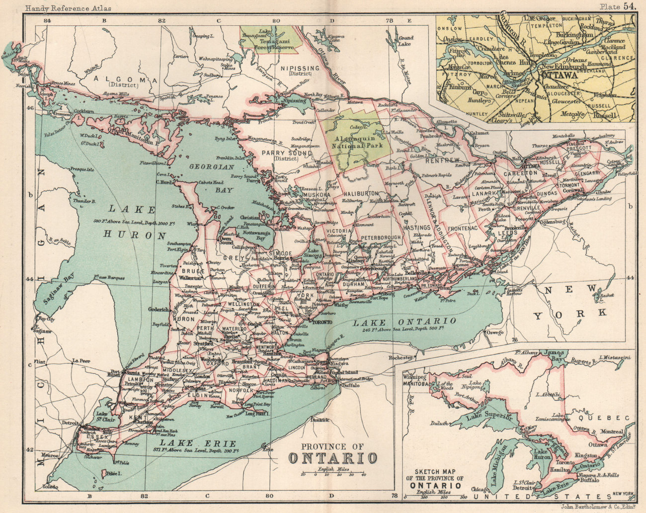 Province of Ontario; Inset maps of Ottawa. Canada. BARTHOLOMEW 1904 old