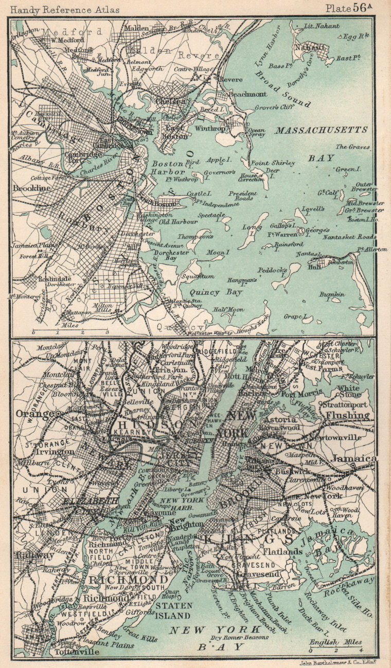 Environs of New York City. Massachusetts. BARTHOLOMEW 1904 old antique map