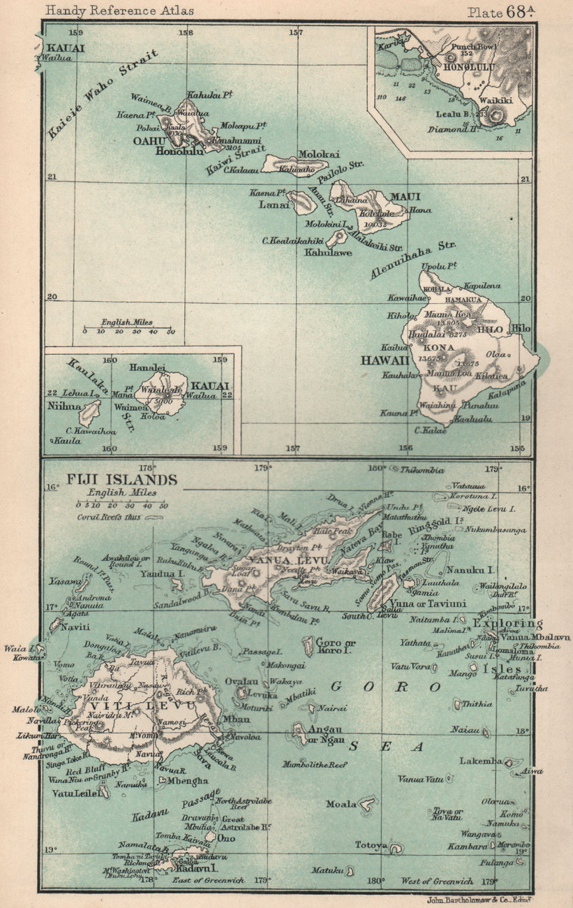 Hawaii & the Fiji Islands. Kauai. Honolulu. BARTHOLOMEW 1904 old antique map