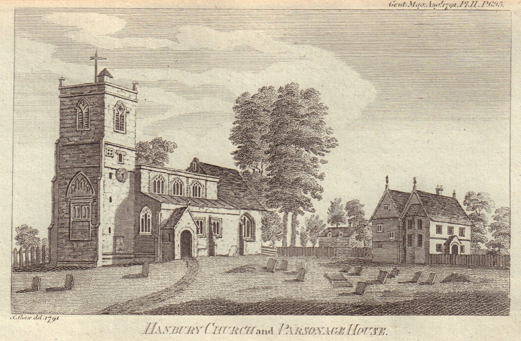 Associate Product View of the Hanbury Church and parsonage house, Staffordshire 1792 old print