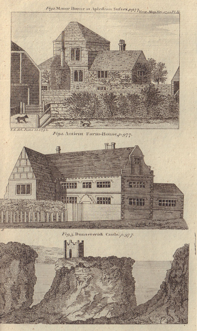 Manor & Farm House, Apuldram, Sussex. Dunseverick Castle, Northern Ireland 1792