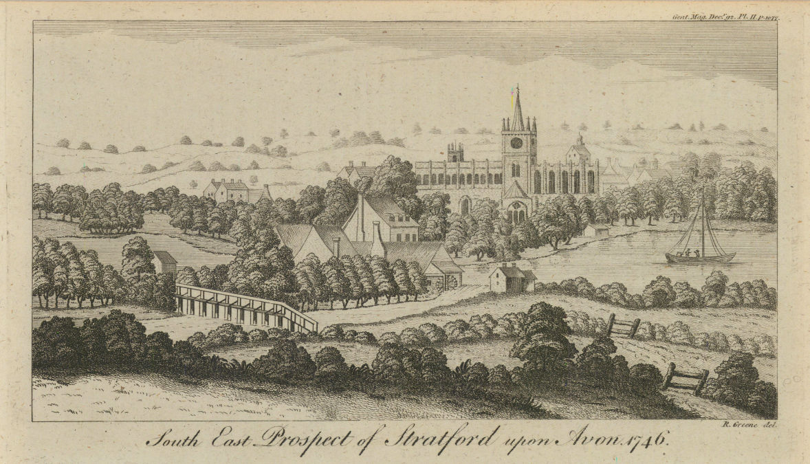 South East prospect of Stratford upon Avon in 1746. Warwickshire 1792 print