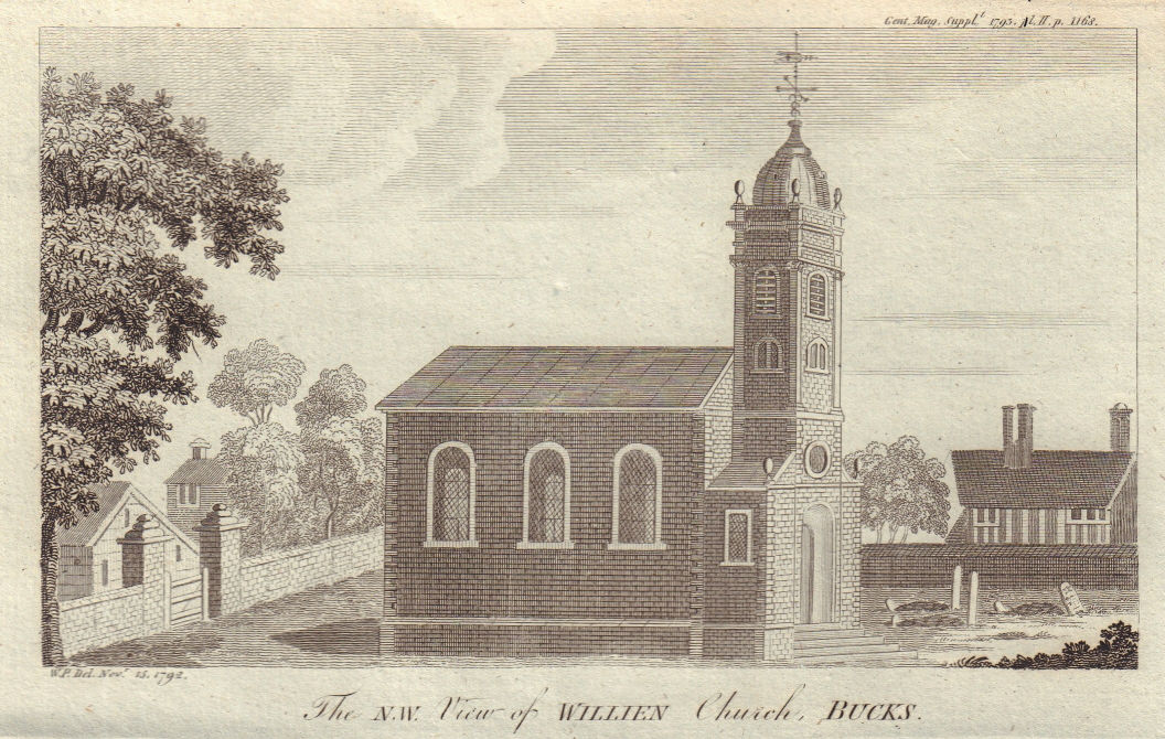 View of St Mary Magdelene church, Willen, Buckinghamshire 1794 old print