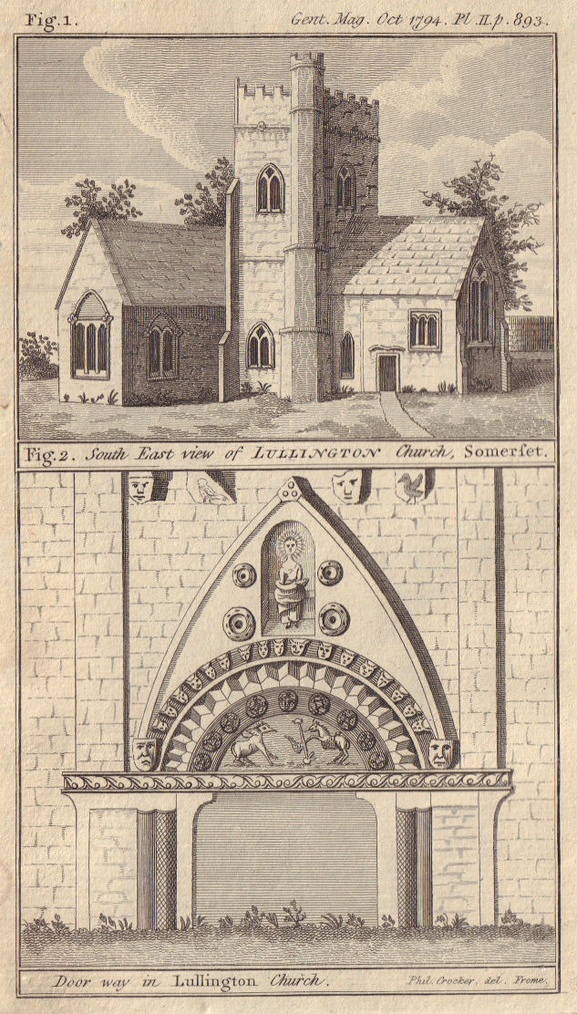 All Saints Church & doorway, Lullington, Somerset 1794 old antique print