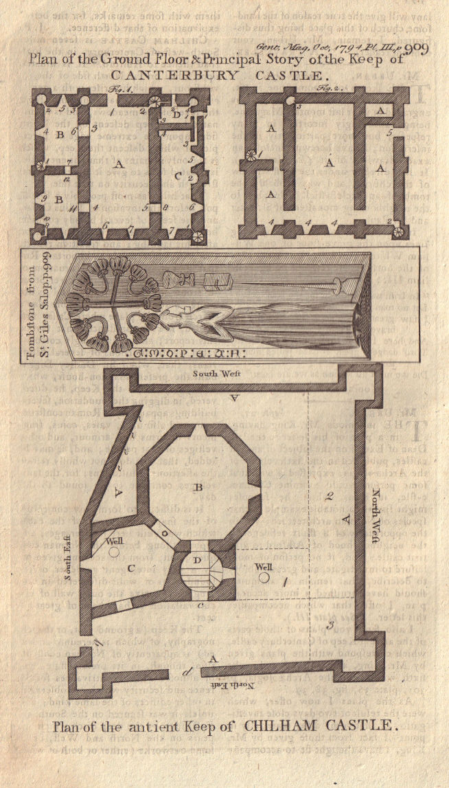 Plan of the keep of Canterbury & Chilham Castles, Kent. Gravestone draft 1794