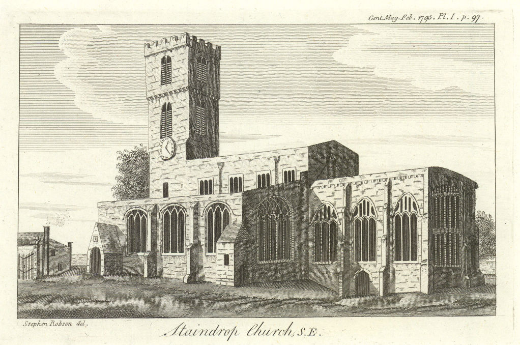 View of the St Mary's Church, Staindrop, County Durham 1795 old antique print