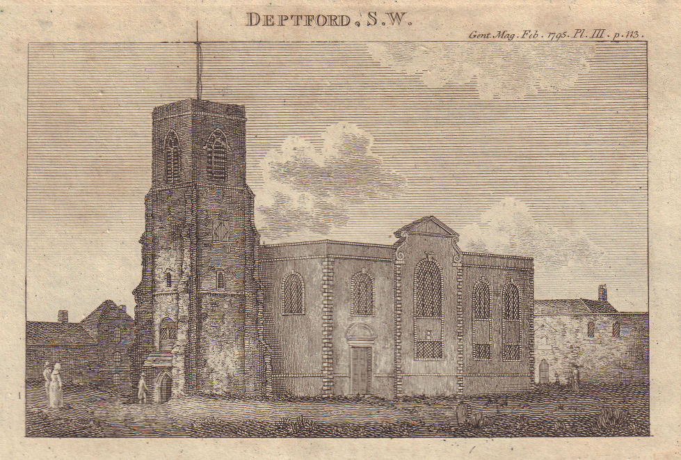 View of the Church of St. Nicholas at Deptford, Kent 1795 old antique print
