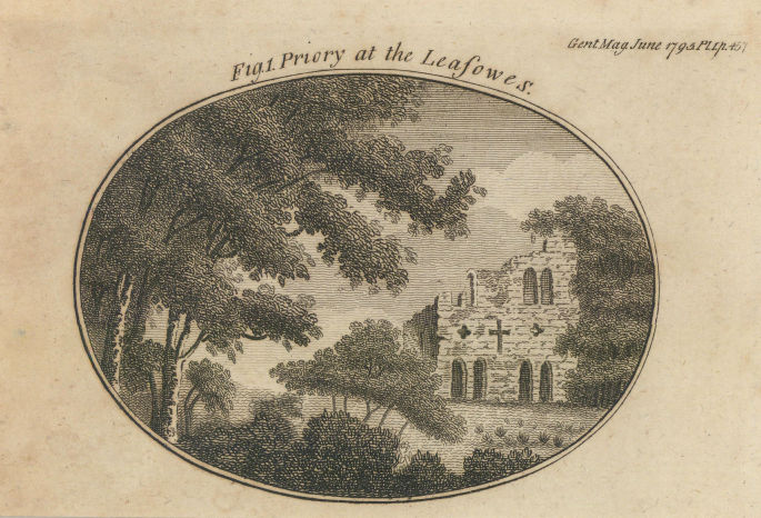Halesowen Priory ruins, Leasowes, Shropshire. SMALL 1795 old antique print