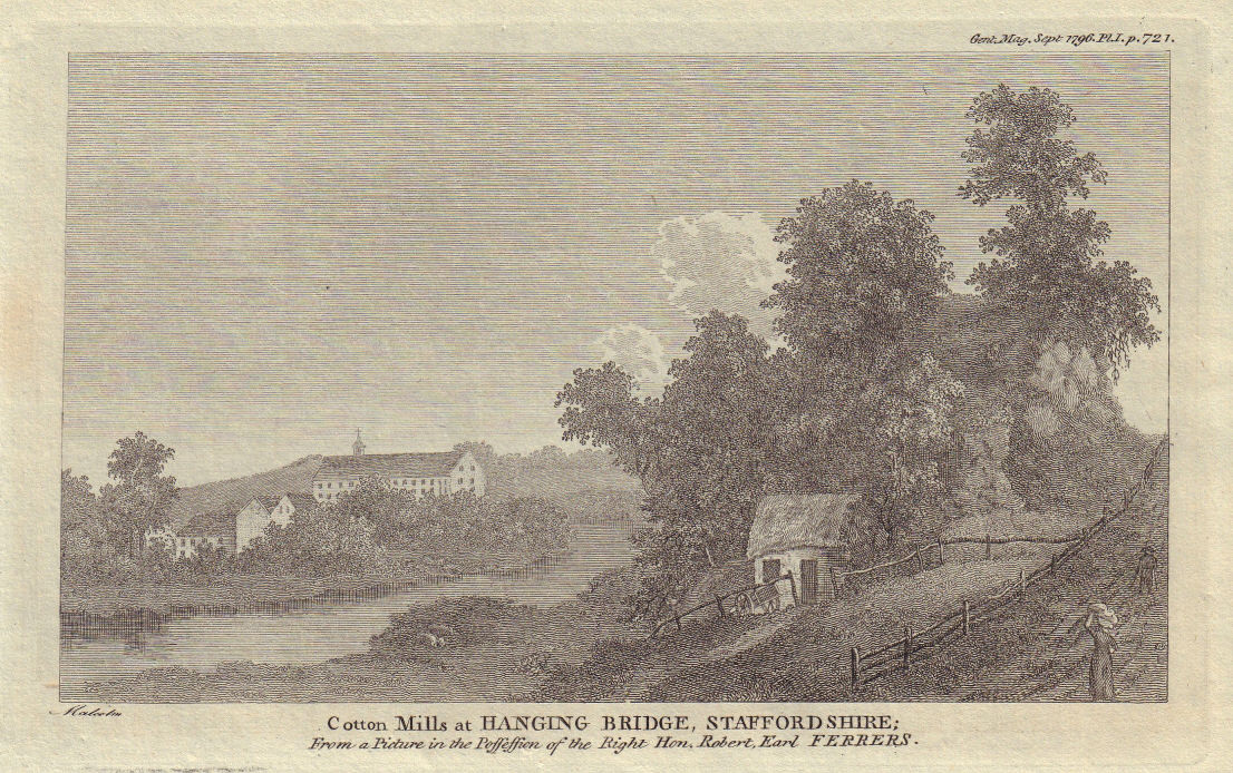 Associate Product Cotton mills, Hanging Bridge, Staffordshire. Burnt down 1806 Mayfield Yarns 1796