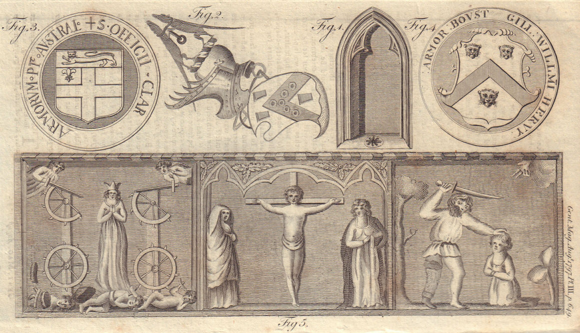 Associate Product St Catherine history sculpture Lincoln. Ironmongers Company Arms 1797 print