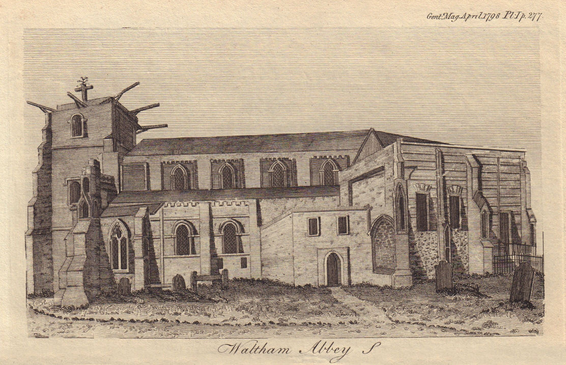 View of Waltham Abbey Church, in Essex 1798 old antique vintage print picture