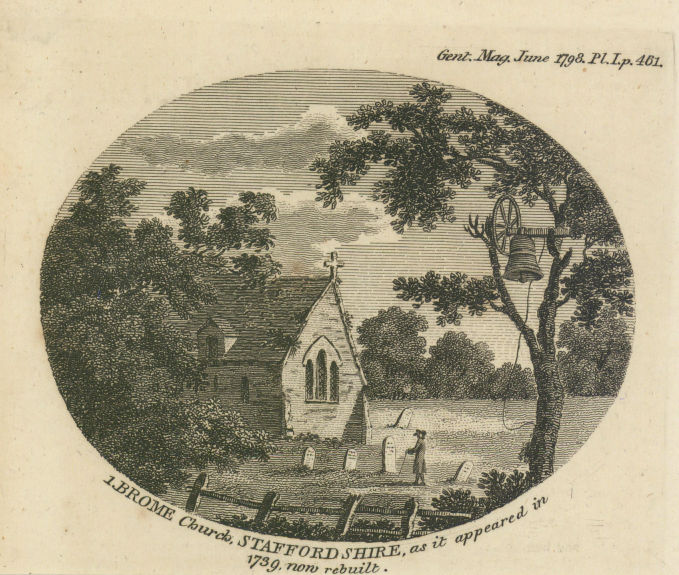 View of St Mary's Church as in 1739, rebuilt in 1850s, Brome, Staffordshire 1798